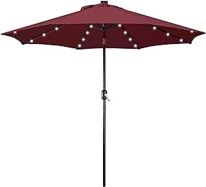 Yaheetech 9FT Solar Powered Patio Umbrella - UV Protection Market Table Umbrella w/ 32 LED Lights & Push Button Tilt & Crank Lift System for Garden/Lawn/Deck/Backyard/Pool, Burgundy