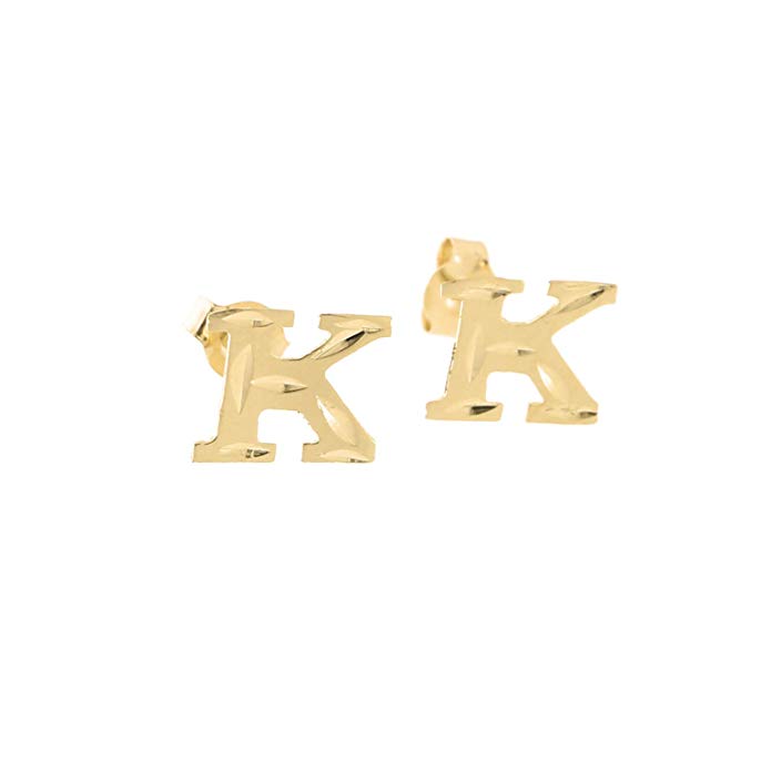 14k Yellow Gold Small Diamond Cut Initial Stud Earrings