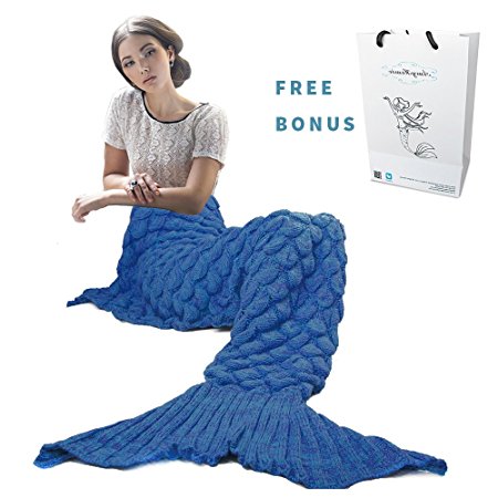 Mermaid Tail Blanket, Amyhomie Mermaid Crochet Blanket for Adult and Kids, All Season Sleeping Bag (Adult, Scale-Blue)
