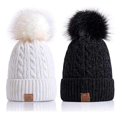 PAGE ONE Women Winter Pom Pom Beanie Hats Warm Fleece Lined,Chunky Trendy Cute Chenille Knit Twist Cap