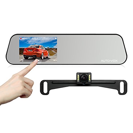 AUTO-VOX M6B Mirror Dash Cam Backup Camera, 4.5'' FHD1080P Touch Screen Dash Camera with Motion Detection, G-sensor & Loop Recording, IP68 Waterproof Rearview Back Up Camera Night Vision