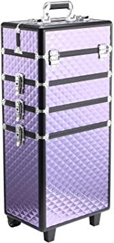 HOMCOM Maletín de Maquillaje Profesional con Ruedas Universales Distintos Niveles Asa Extensible Maletín Maquillaje Trolley Aleación de Aluminio 33.5x23x76/95.5 cm Violeta