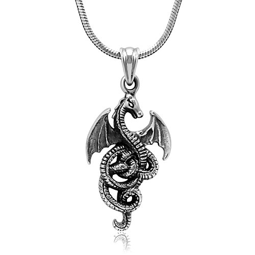 925 Sterling Silver Detailed Medieval Dragon Luck Wisdom and Longevity Pendant Necklace, 18 inches