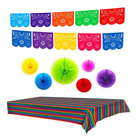Fiesta Party Decorations, 3 Pack Bundle, Supplies Includes: 1 Vinyl Table Cover, 6 Papel Picado Flower Fans, 1 Large Plastic Banner, for Coco Style Decor, Taco Parties, Festivals, Wedding, Cinco De Mayo and Birthdays by Ole Mission