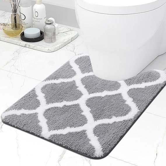 OLANLY Toilet Rugs U-Shaped, Soft and Absorbent Microfiber Bathroom Rugs, Non-Slip Plush Shaggy Toilet Mat, Machine Wash Dry, Contour Bath Rugs for Toilet Base, 24x20, Grey