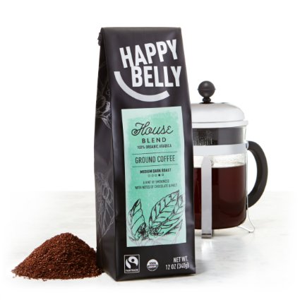 Happy Belly House Blend Organic Fairtrade Coffee, Medium Dark Roast, Ground, 12 ounce