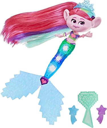 DreamWorks TrollsTopia Techno Mermaid Poppy Doll, Tail Lights Up in or Out of Water, Toy for Girls and Boys 4 Years Old and Up