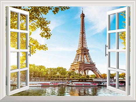 Wall26 Removable Wall Sticker / Wall Mural - Eiffel Tower View out of the Open Window Creative Wall Decor - 36"x48"