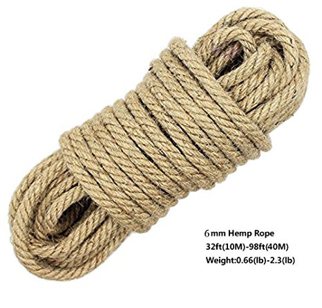 100% Natural Hemp Ropes - LUOOV 6mm Thickness and Strong Jute Rope,Multi Purpose Utility Sisal Rop,10m(32ft)-40m(128ft) (40m(128ft))