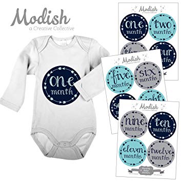 12 Monthly Baby Stickers, Baby Boy, Baby Belly Stickers, Baby Month Stickers, First Year Stickers Months 1-12, Arrows, Tribal, Navy, Blue, Teal, Aqua, Gray, Grey, Boy