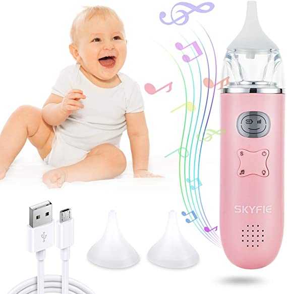 Baby Nasal Aspirator, Rechargeable Music Electric Nose Cleaner with 2 Reusable Silicone Snot Sucker Nozzles & 3 Suction Levels for Newborns, Toddlers and Infant (Pink)