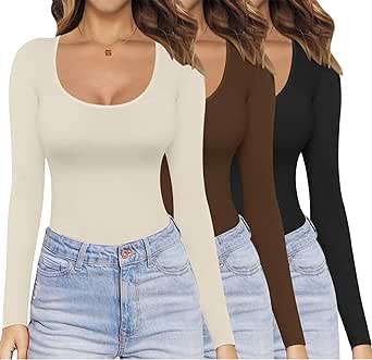 Ekouaer Womens 3 Pack Long Sleeve Shirts Scoop Neck Tops Stretch Fitted Undershirt Lightweight Basic Thermal Tee XS-XXL