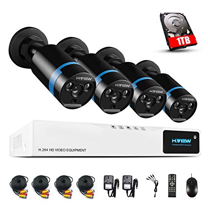 H.View 1080P CCTV Camera Systems with Hard Drive(1TB) 4 CH Security Camera System Inlcuding 4* 1920x1080p 2mp Weatherproof Outdoor Bullet Security Cameras, 4 Channel DVR kit Recorder, Home Video Surveillance CCTV Kits Enhance Night Vision up to 30M