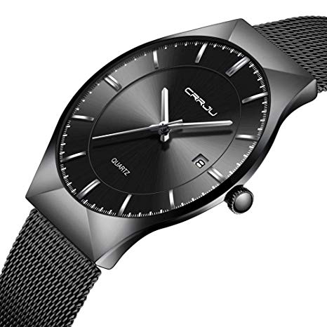 CRRJU Men Business Slim Analog Quartz Watch,Date Black Dial Wrist Watch with Mesh Bracelet Strap