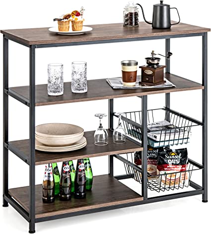 COSTWAY Kitchen Baker's Rack, Industrial Microwave Oven Stand with Wire Basket & S-Hooks, Freestanding Utility Storage Shelf Organiser for Spices Utensils Pots Pans (2 Baskets, without Hooks)