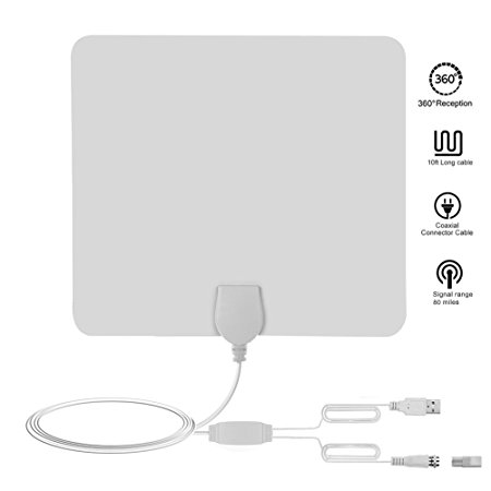 Bingone TV Aerial, Freeview Indoor TV Aerial, 80-Mile Range Indoor HDTV Antenna with 10 FT Long Cable with Stronger Reception,Amplifier Booster (White)