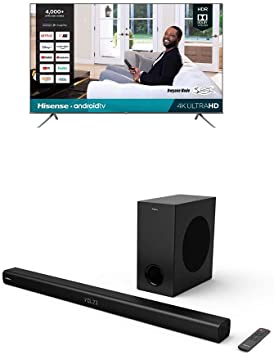 Hisense 85H6570G 85-Inch 4K Ultra HD Android Smart TV with Alexa Compatibility (2020)   Hisense 2.1 Channel Sound Bar Home Theater System with Wireless Subwoofer and Bluetooth (Model HS218)