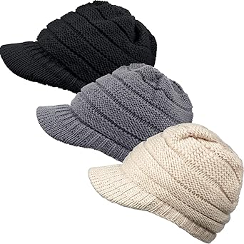 Women Winter Knit Hat Winter Brim Beanie Hats for Women Slouchy Beanie Cap with Visor Warm Newsboy Skull Cap