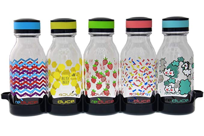 reduce WaterWeek Kids Reusable Water Bottle Set with Fridge Tray - 5 Flask Pack, 14oz - Cute and Colorful Berry Fun Design - BPA Free, Leak-Proof Twist Off Cap - Perfect for Lunchboxes and Road Trips