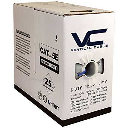 Vertical Cable Cat5e, 350 MHz, UTP, 24AWG, 8C Solid Bare Copper, 1000ft, Blue, Bulk Ethernet Cable
