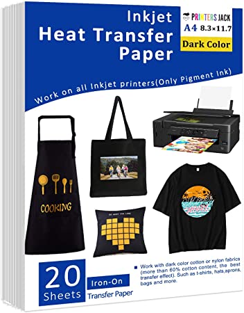 Iron-On Heat Transfer Paper for Dark Fabric 20 Pack 8.3x11.7" T-Shirt Transfer Paper for Inkjet Printer Wash Durable, Long Lasting Transfer, No Cracking