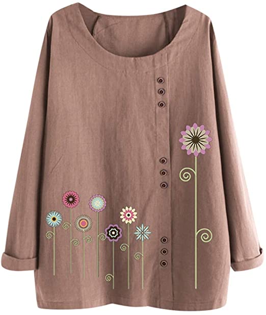 aihihe Womens Plus Size Tops Crew Neck Long Sleeve Floral Print Button Down Cotton Linen T-Shirt Casual Blouse