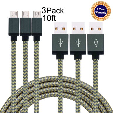 Jricoo Micro USB to USB Cable 2.0 10ft Nylon Braided Extremely Long USB Charging Cable for Android, Samsung Galaxy, HTC, Nokia, Huawei, Sony and Other Tablet Smartphone (gold and gray)