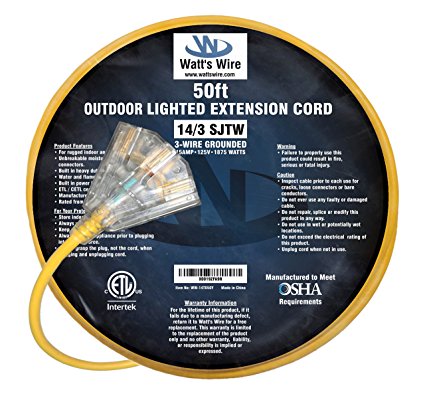 Watt's Wire 14/3 50ft Heavy Duty Triple Outlet Indoor / Outdoor SJTW Lighted Extension Cords - 14-3 50' Rugged Lighted Grounded Short Pigtail Power Cord NEMA 5-15 14 Awg 125Vac 15 Amp 1875Watt