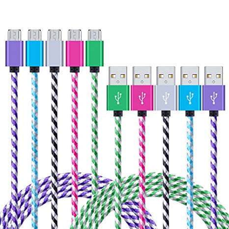 Android Charging Cable, NonoUV 5-Pack 6ft Nylon Braided USB 2.0 Data Sync Samsung Fast Charging Phone Charger Cord for Galaxy S3/S4/S6 Edge S7, Note 4 5, HTC, LG, Tablet, Bluetooth Speakers, Nokia