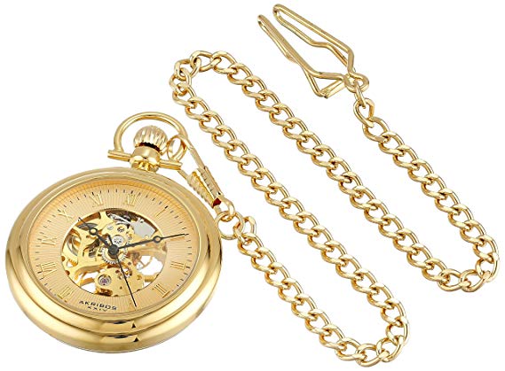 Akribos XXIV Men's AKR453YG Mechanical Skeleton Gold-Tone Pocket Watch