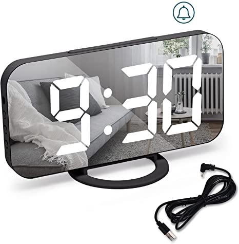 Digital Alarm Clock, Alarm Clocks Bedside, Non Ticking Alarm Clock, Alarm Clock with Dimmable LED Display, Digital Mirror Alarm, Snooze, 3 Dimmer Modes, USB Alarm Clock for Bedroom Decore-Black