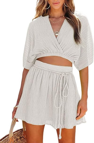 Dokotoo Vacation Outfits for Women V Neck Bat Sleeve Crop Top Side Split Skirt Flowy Skirt Sets Women 2 Piece Outfits 2024