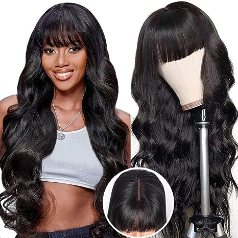 Body Wave Wig with Bangs 2x4 Lace Front Wigs Human Hair Wigs for Black Women Human Hair Glueless Closure Wigs Human Hair Wigs with Bangs 100% Brazilian Human Hair 180% Density Middle Part 18 Inch