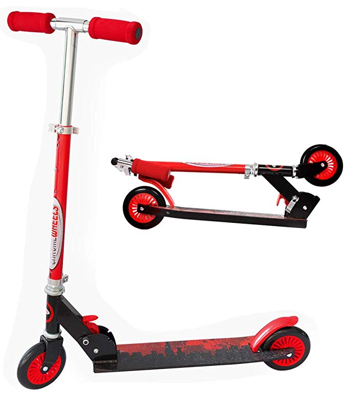 ChromeWheels Scooter for Kids, Deluxe Kick Scooters 4 Adjustable Height 2 Wheels Foldable, Best Gifts for Boys Girls, Age 3-8 Years Old, 110lb Weight Limit, Red