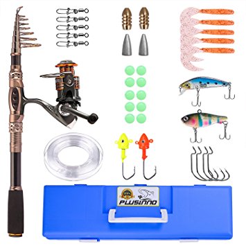 PLUSINNO Spinning Rod and Reel Combos FULL KIT Telescopic Fishing Rod Pole with Reel Line Lures Hooks Fishing Carrier Bag Case and Accessories Fishing Gear Organizer