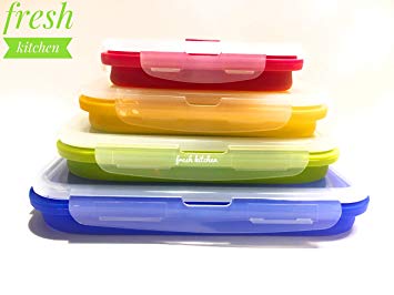 FRESH KITCHEN Folding Food Containers- Silicone BPA Free- Leak proof Airtight lids- microwave freezer safe- lunch bento box storage collapsible stackable meal prep for work school adults kids and baby