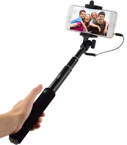 iXCC Wired Extendable Aluminum Selfie Stick with Built-in Remote Shutter and Adjustable Mount for Apple, Samsung, Android and Other Devices