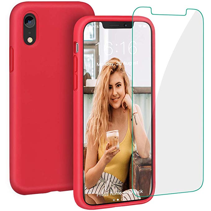 Case for iPhone XR, Liquid Silicone Full Protective Phone Cover with Free Tempered Screen Protector Shockproof Shell for iPhone XR-Red