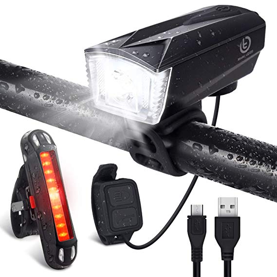 Bike Light Set [Remote Switch], OMERIL Rechargeable Bicycle Lights with 300 LM Front Headlight, 120dB Bike Horn and 100 LM Tail Light，IP65 Waterproof 6 Modes Cycling Lights for Road & Mountain- Easy to Fit