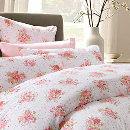 Brandream Pink Floral Bedding Set 3 Pieces Pastoral Style Floral Duvet Cover Set Soft & Breathable Egyptian Cotton,Queen Size