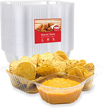 Nacho Trays (100 Pack) Disposable 2 Compartment Food Tray - 8 x 6 Nacho Tray - Clear Plastic Chip and Dip Holder for Movie Theater Concession Stand, Carnivals, Fairs, Festivals, Kids Parties, 22 Ounce