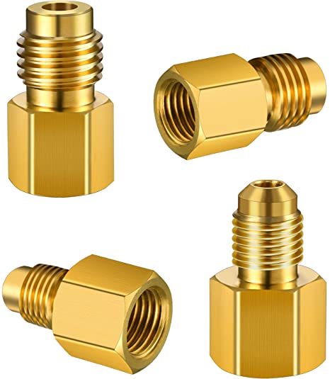 4 Pieces 6015 R134A Brass Refrigerant Tank Adapter to R12 Fitting Adapter 1/2 Female Acme to 1/4 Male Flare Adaptor Valve Core and 6014 Vacuum Pump Adapter 1/4 Inch Flare Female to 1/2 Inch Acme Male