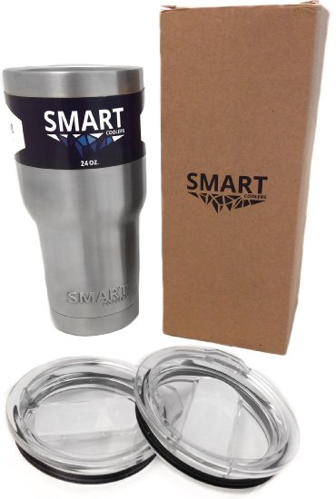 Tumbler 24 Oz - Smart Coolers - Slim Design - Double Wall Stainless Steel Travel Cup - Premium Insulated Mug - Keep Coffee and Ice Tea - Now with 2 Sliding Lids
