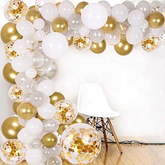 128pcsDIY Balloon Arch & Garland kit, Party Balloons Decoration Set, Gold Confetti & Silver & White & Transparent Balloons for Baby Shower, Wedding, Birthday, Graduation, Anniversary Organic Party