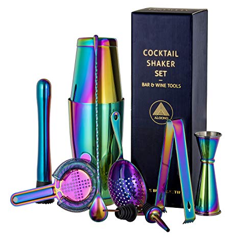 10-piece Rainbow Cocktail Shaker Bar Set: 2 Weighted Boston Shakers, Cocktail Strainer Set, Double Jigger, Cocktail Muddler and Spoon, Ice Tong and 2 Liquor Pourers