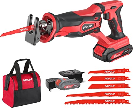 POPULO Cordless Reciprocating Saw, 20V MAX Battery Power Saw, Electric Reciprocating Saws for Wood, Trees, Metal, or PVC Pipe Cutting, Cordless Sawzall with 2.0Ah Battery, and Fast Charger