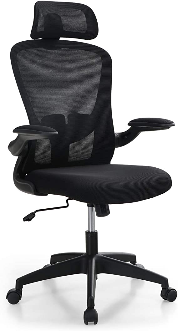 ALPHA HOME Ergonomic Office Chair Mid Back Computer Desk Chair with Flip-up Tufted Armrest Executive Adjustable Chair with Lumbar Support & Headrest Breathable Mesh Rolling Swivel Chair with Casters