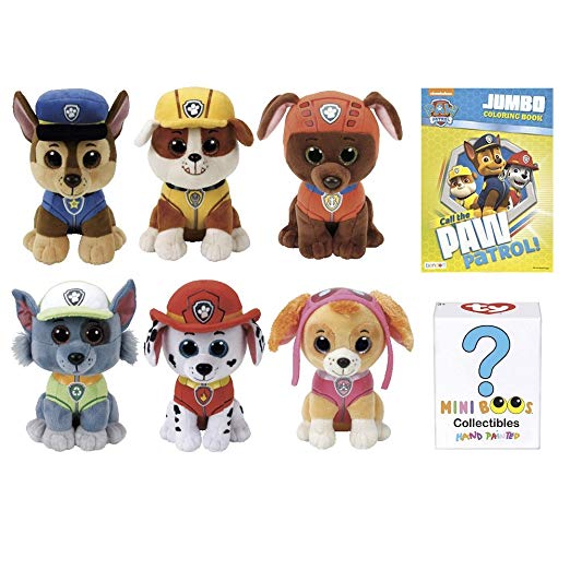 Paw Patrol Stuffed Plush Animals Favor Set of 6 TY Beanie Boos Babies of Chase, Marshall, Rubble, Rocky, Zuma, Skye - Plus 1 Mini Boo Collectible, 1 Coloring Book - Kids Toys - for Boys or Girls