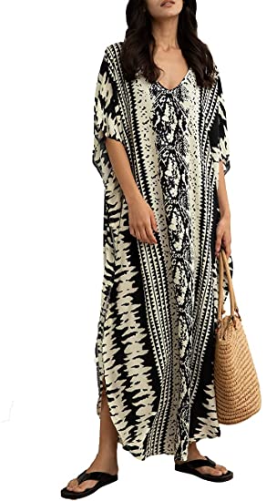 Bsubseach Women Loose Short Sleeve Swimwear Beach Caftan Dress Bathing Suit Cover Ups