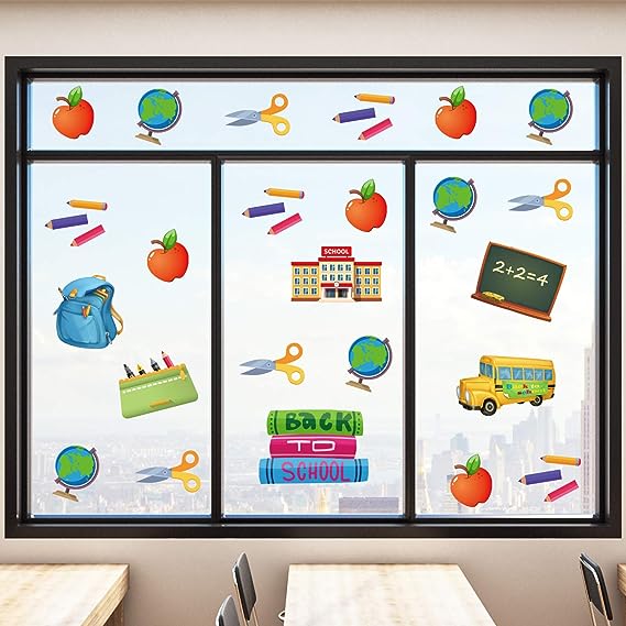 Back to School Window Clings School Day Static Stickers Classroom Window Clings for Wall Glass Car Welcome Back to School Classroom Decorations (50 Pieces)